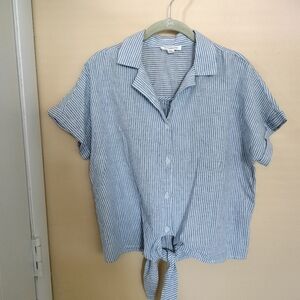 Beachlunchlounge Blue White Tie-Front linen Blend shirt Top M Vacation Beach